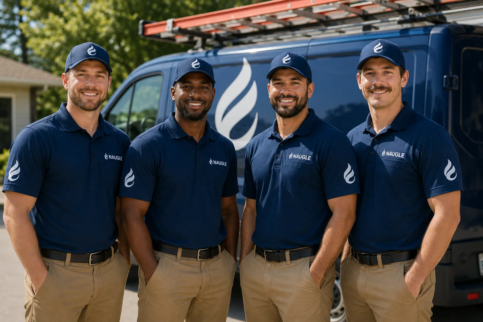 The Naugle service team standing in front of a branded van