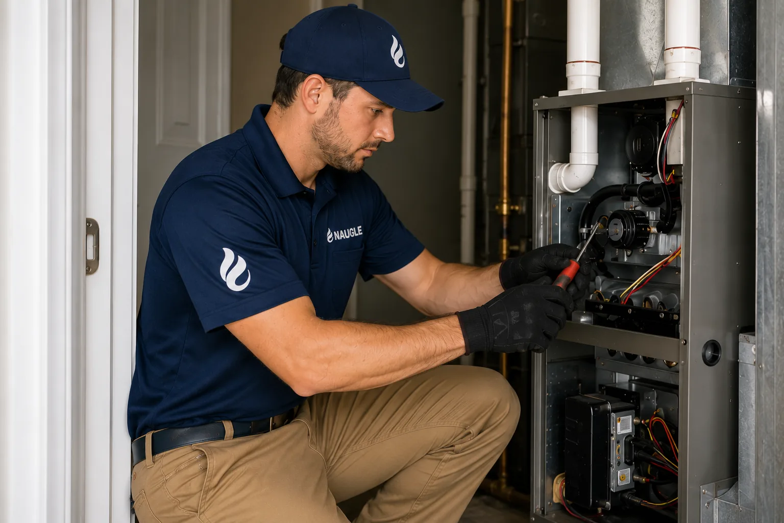 Naugle technician servicing a residential furnace