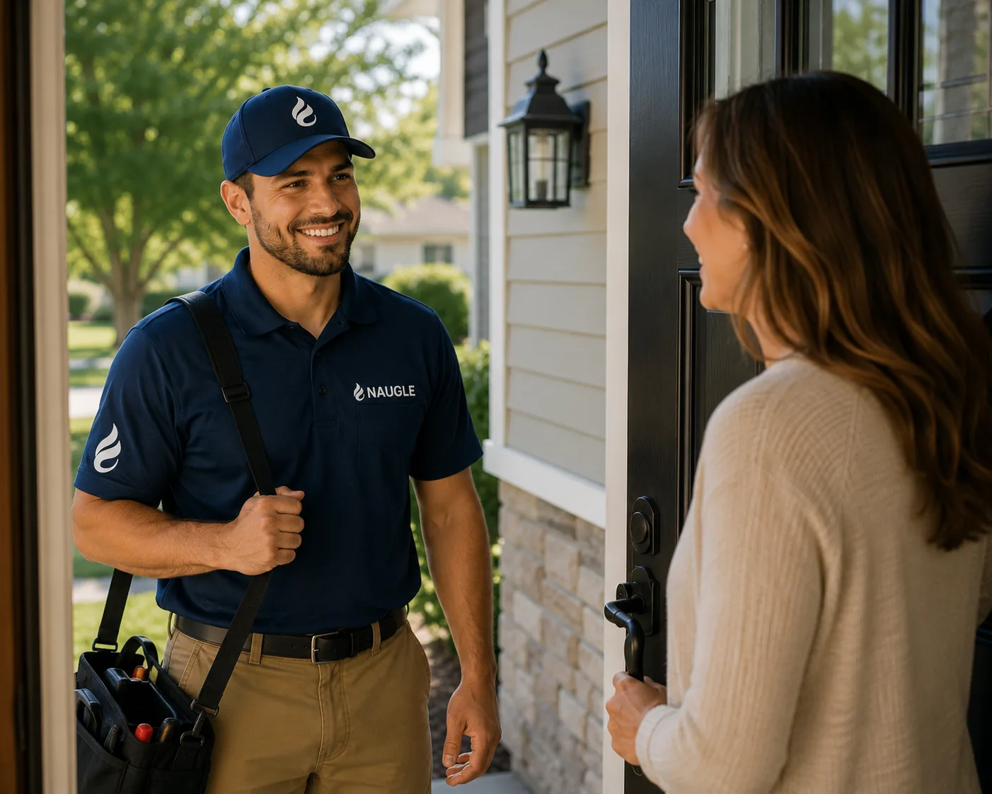 Naugle technician greeting a homeowner at the front door